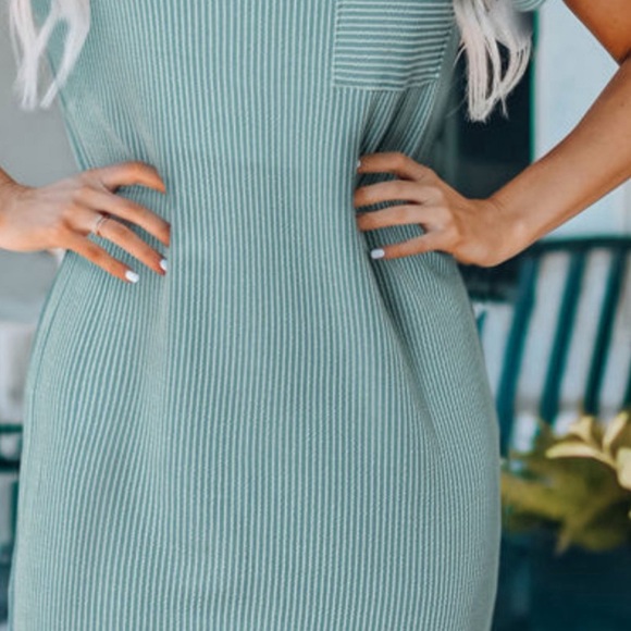 Blue Ribbed Knit Summer Short Sleeved T-Shirt Dress, Relaxed Fit, M-L-XL - Picture 8 of 10